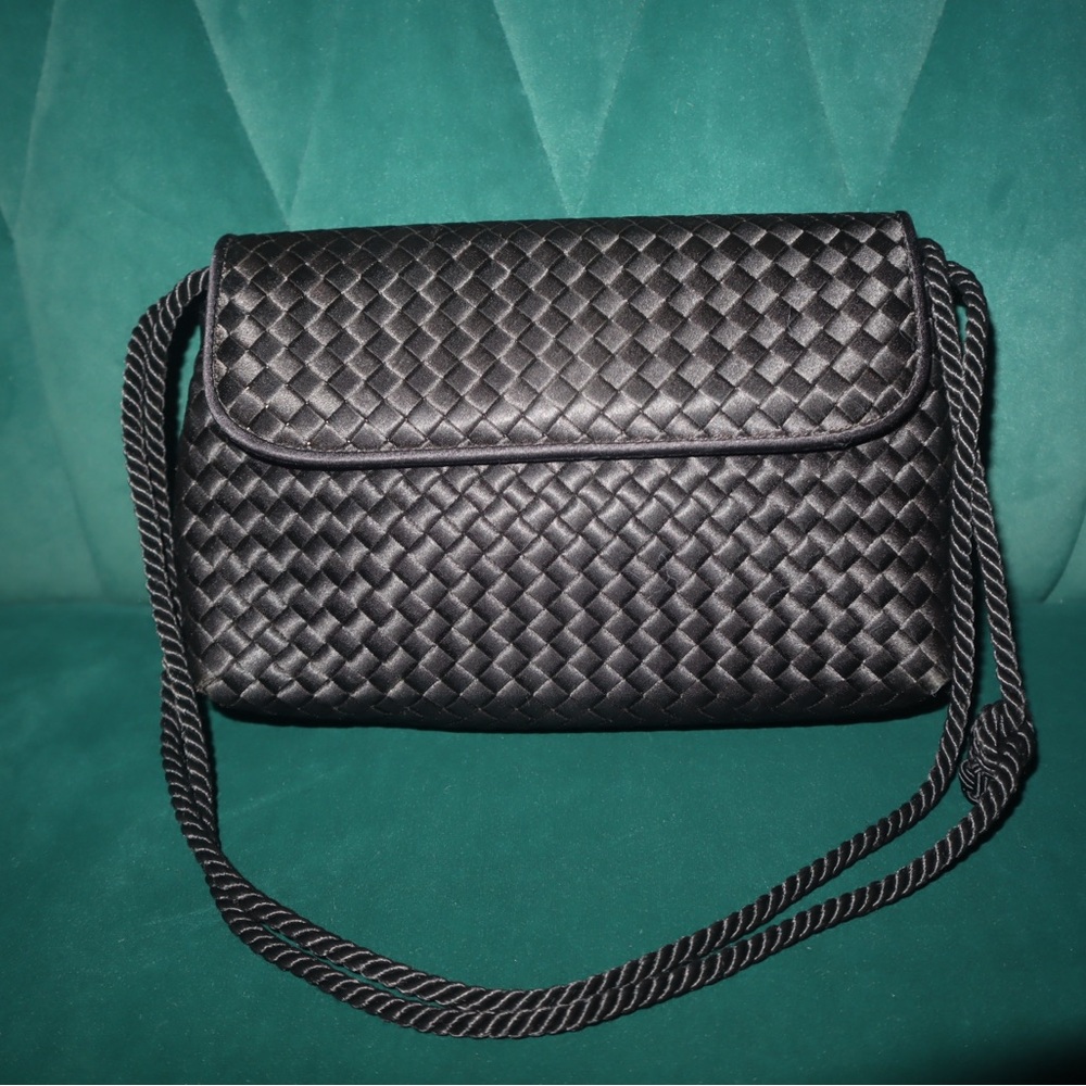 NEW Bottega Veneta Black Intrecciato Satin Shoulder Bag